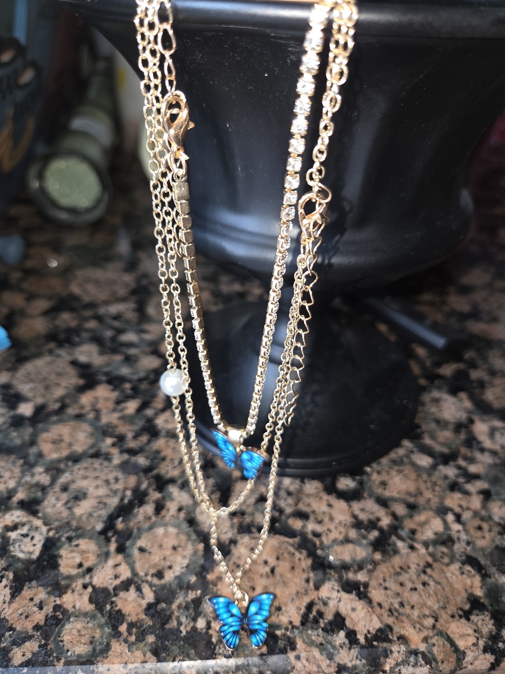 Gold Butterfly Pendant Necklace with Pearl Accent